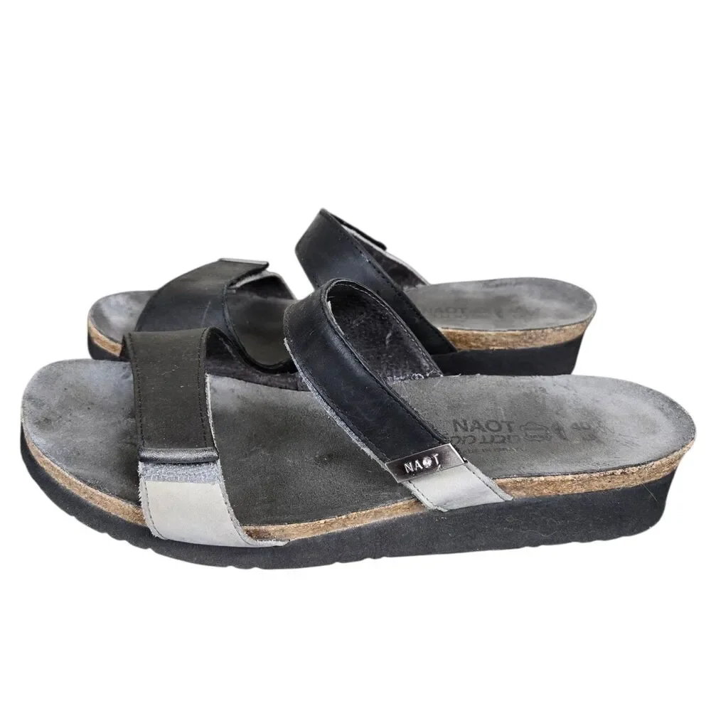 Naot Jacey Wedge Sandals Sz 40 US 9 Wide Black Gray Straps Two Tone Comfort